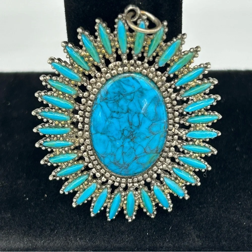 Vintage Silver Tone Turquoise Sunburst Pendant Southwestern Boho
